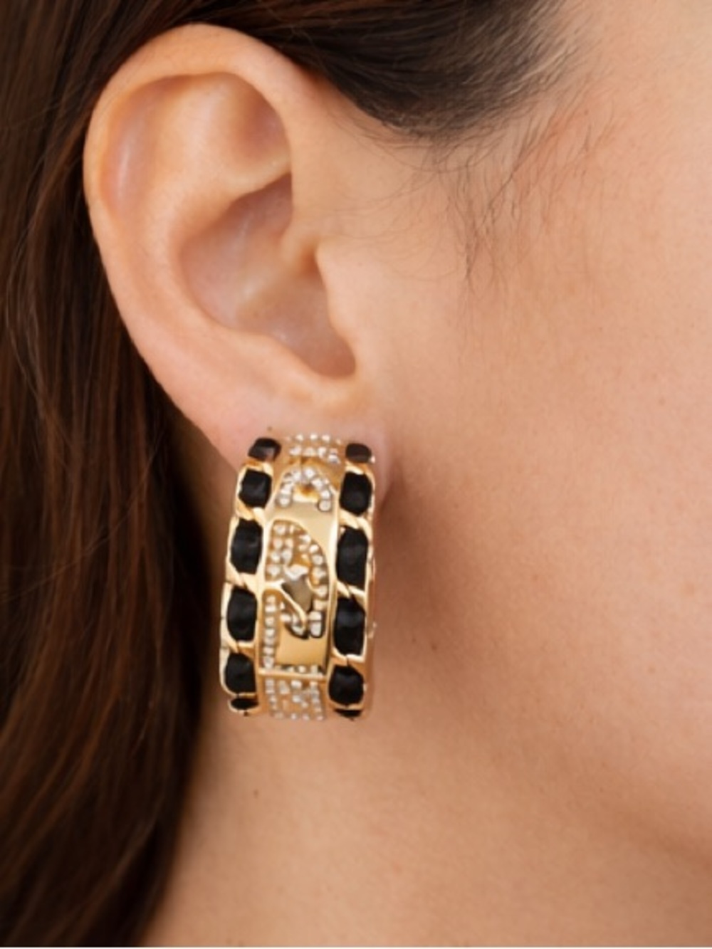 Designer Inspired Logo Chain Hoop Earrings Gold Black Rhinestone - Picture 4 of 5